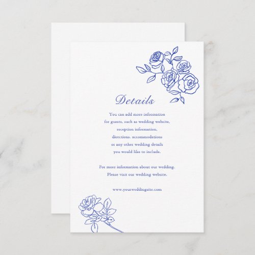 Blue Roses Elegant Lineart Wedding Details Card