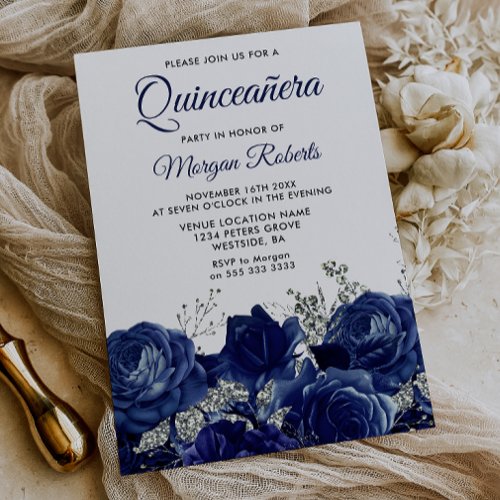 Blue Roses Elegant Silver Quinceanera Invitation