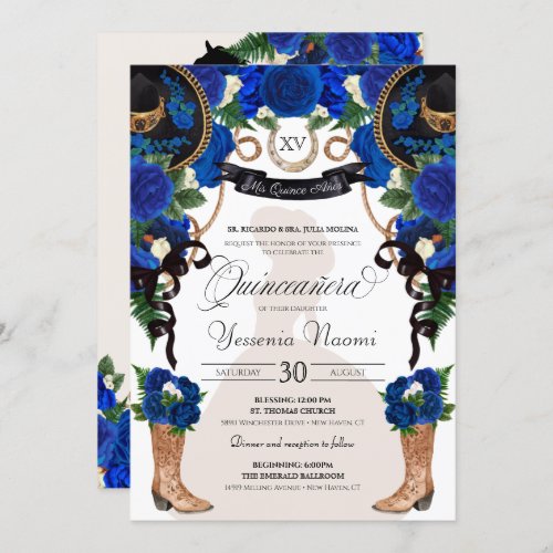 Blue Roses Elegant Western Charro Quinceaera Invitation