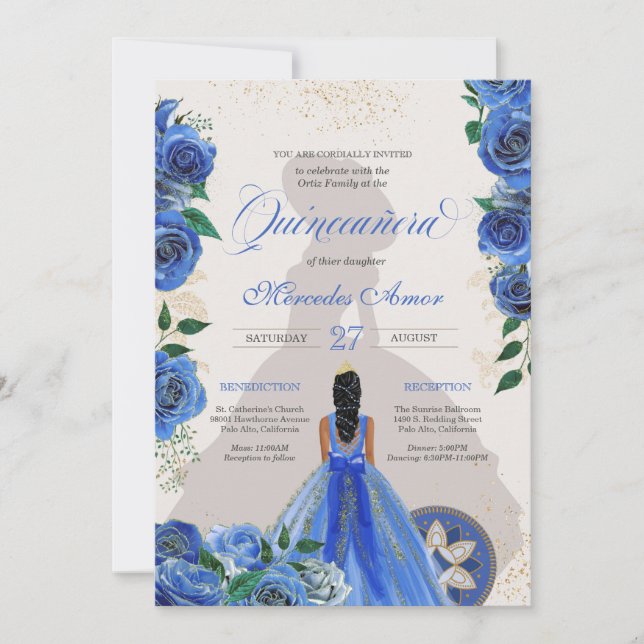Blue Roses Fancy Quinceanera Western Charro Glam I Invitation (Front)