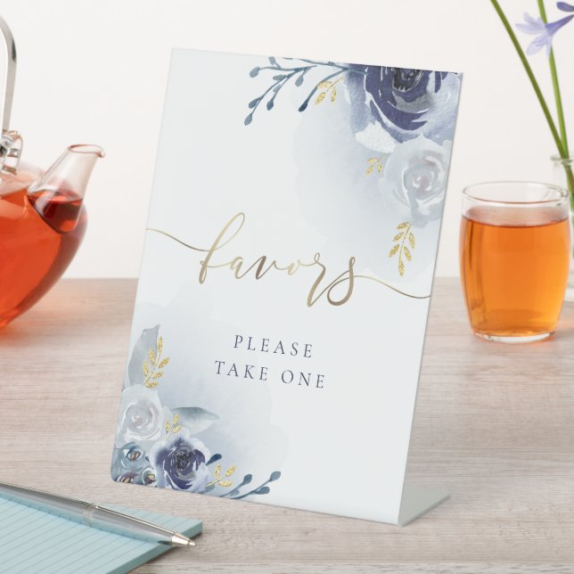 blue roses favors pedestal sign (In SItu)