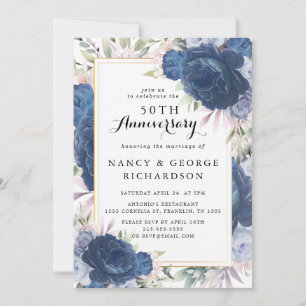 Blue Roses Floral 50th Wedding Anniversary Invitation