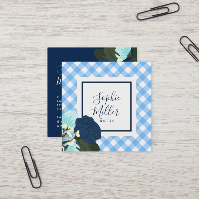 Blue Roses Floral and Blue Gingham Square Business Card (Front/Back In Situ)