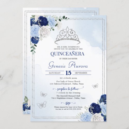 Blue Roses Floral Butterfly Quinceaera Invitation