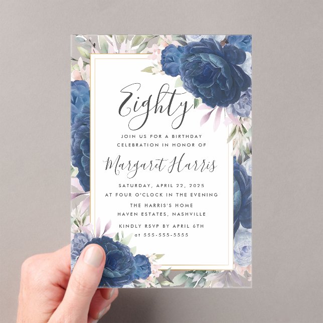 Blue Roses Floral Gold Frame 80th Eighty Birthday Acrylic Invitations (Insitu (Handheld))