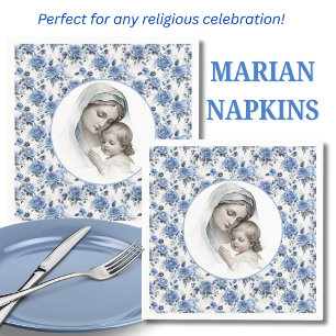 Blue Roses Floral Mary and Child Jesus Napkins