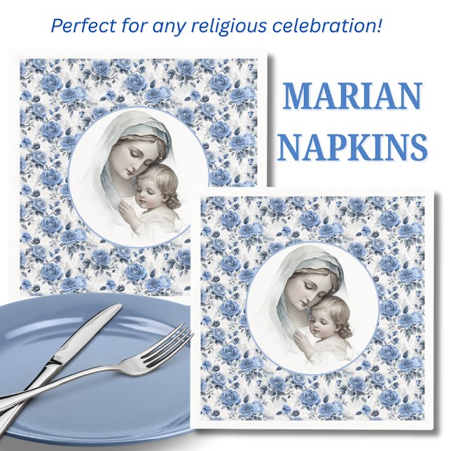 Blue Roses Floral Mary and Child Jesus Napkins (Creator Uploaded)