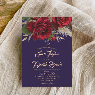 Blue & Roses Floral Modern Boho Wedding  Invitation