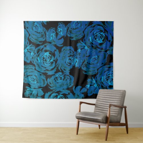 Blue Roses Floral Pattern Tapestry