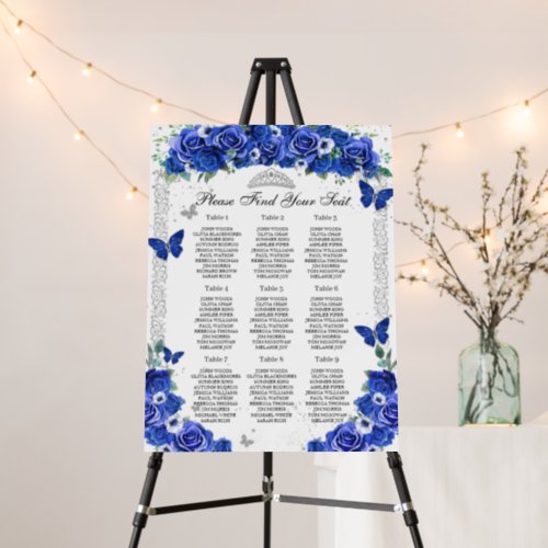 Blue Roses Floral Quinceaera Seating Chart Foam Board