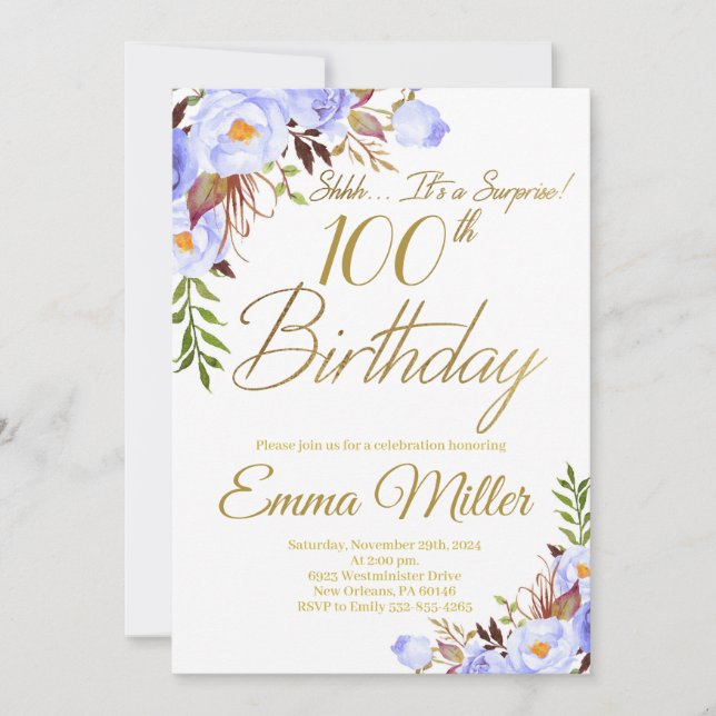 Blue Roses Floral Surprise 100th Birthday Party Invitation (Front)