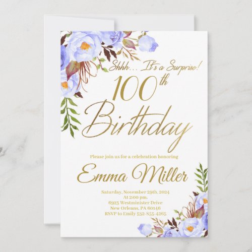 Blue Roses Floral Surprise 100th Birthday Party Invitation