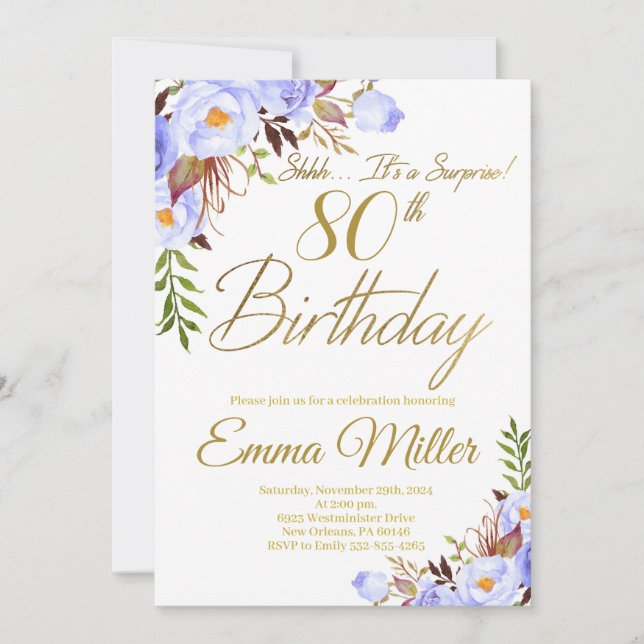 Blue Roses Floral Surprise 80th Birthday Party Invitation (Front)