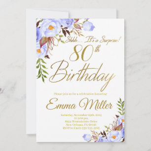 Blue Roses Floral Surprise 80th Birthday Party Invitation