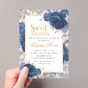 Blue Roses Floral Sweet Sixteen 16 Birthday Acrylic Invitations
