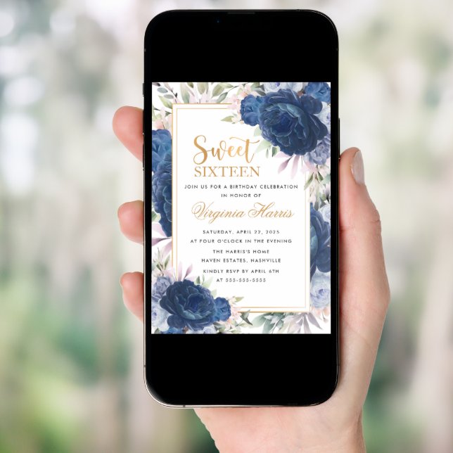 Blue Roses Floral Sweet Sixteen 16 Birthday Invitation (Front Digital)