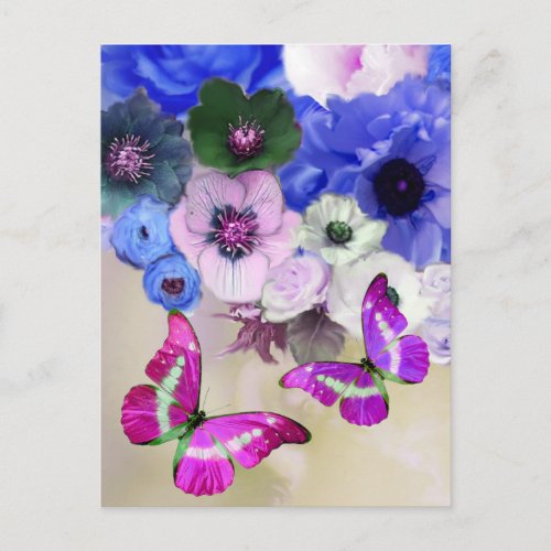 BLUE ROSES FLOWERS AND BUTTERFLIES Floral Easter Postcard