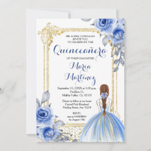 Blue Roses Flowers Quinceañera Invitation