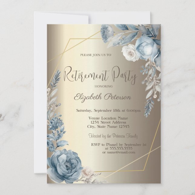  Blue Roses Frame Champagne Gold  Invitation (Front)