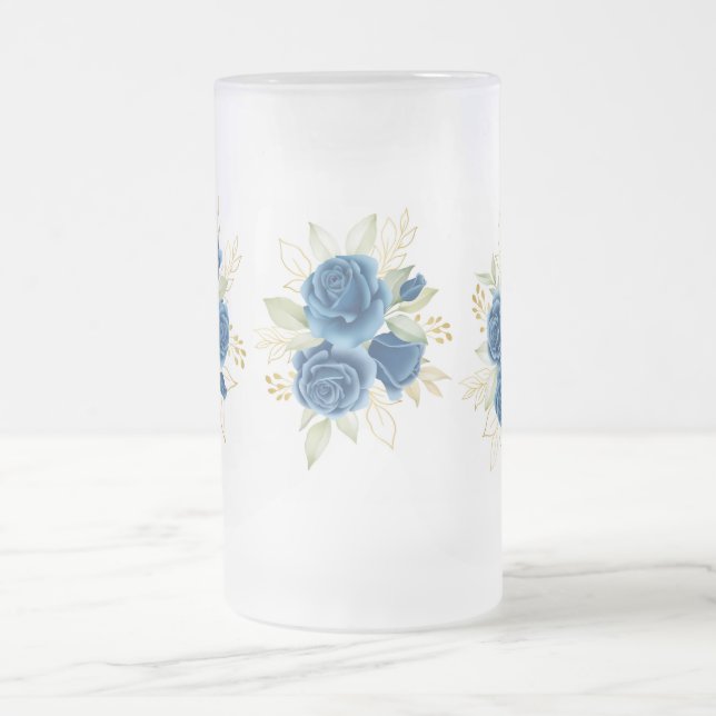 Blue Roses Frosted Glass Beer Mug (Center)