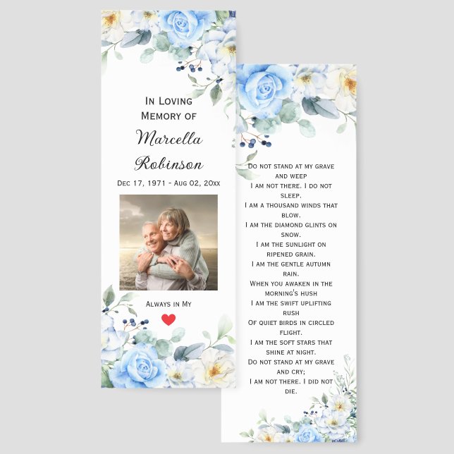 Blue Roses Funeral Keepsake Bookmarks (Front & Back)