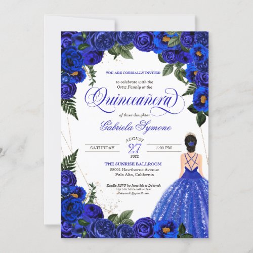 Blue Roses  Gold Fancy Ball Gown Quinceanera  Inv Invitation