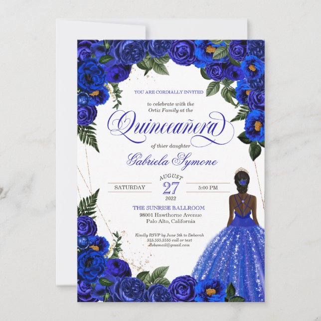 Blue Roses & Gold Fancy Ball Gown Quinceanera  Inv Invitation (Front)