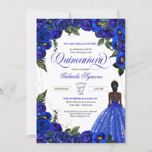 Blue Roses & Gold Fancy Ball Gown Quinceanera  Inv Invitation