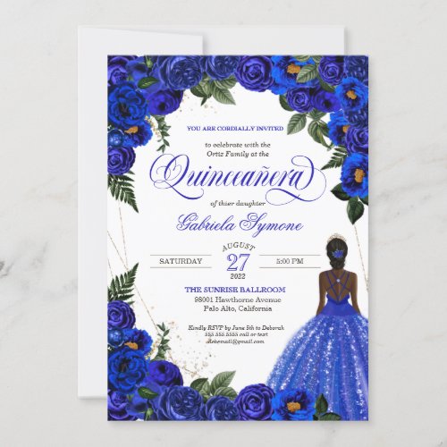Blue Roses  Gold Fancy Ball Gown Quinceanera  Inv Invitation