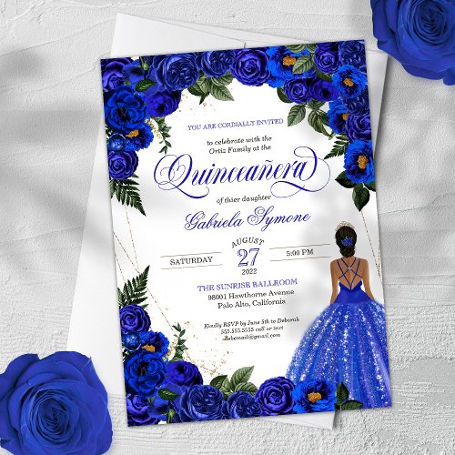 Blue Roses  Gold Fancy Ball Gown Quinceanera  Invitation