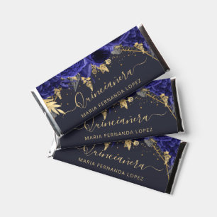 Blue Roses Gold Floral Quinceañera Personalized  Hershey Bar Favors
