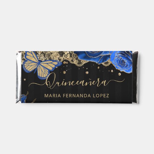 Blue Roses Gold Floral Quinceaera Personalized  Hershey Bar Favors