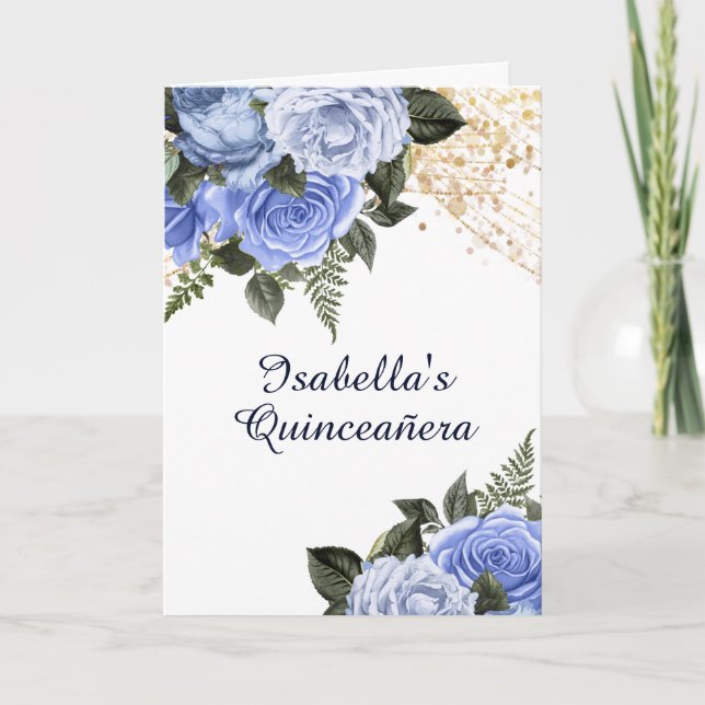 Blue Roses Gold Glitter Quinceañera Photo Invitation (Front)
