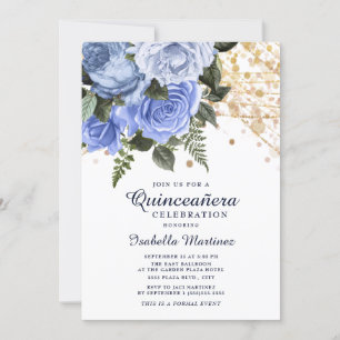Blue Roses Gold Glitter String Lights Quinceañera Invitation