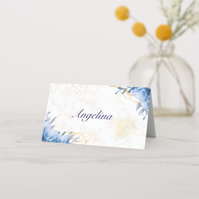 Blue Roses Gold Marble Folded Place Card (Front)