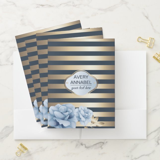 Blue roses Gold Stripe luxury Pocket Folder (In Situ)