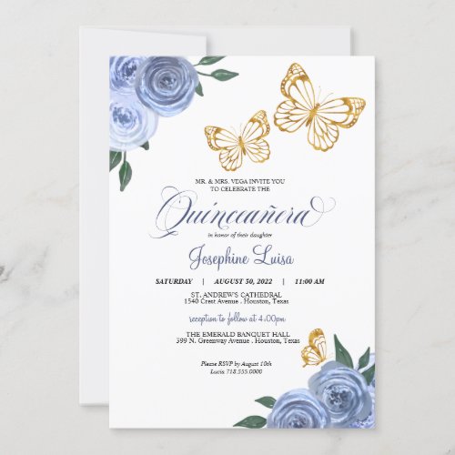 Blue Roses Golden Butterfly Quinceaera Birthday Invitation