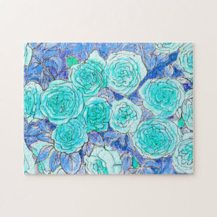 Blue Roses, Green Leaves Rose Garden Summer Flower Jigsaw Puzzle