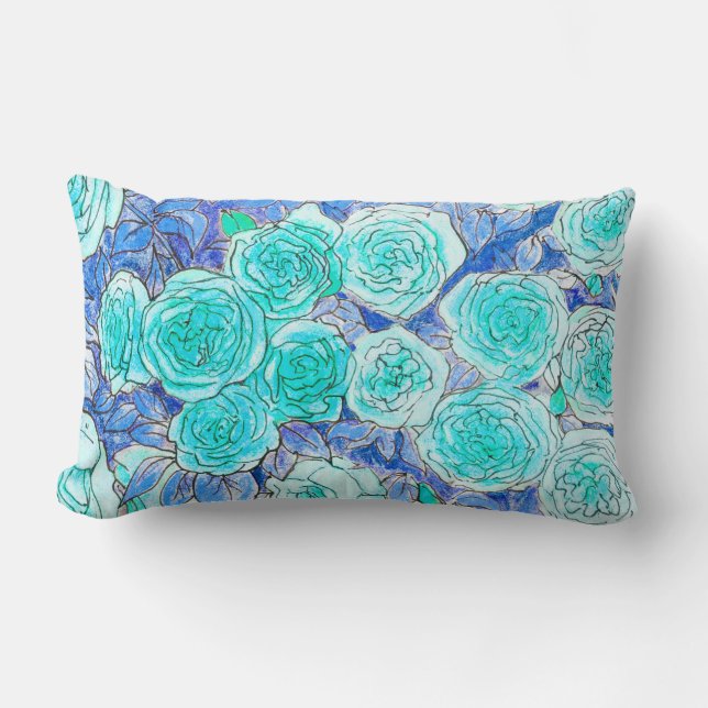 Blue Roses, Green Leaves Rose Garden Summer Flower Lumbar Pillow (Front)
