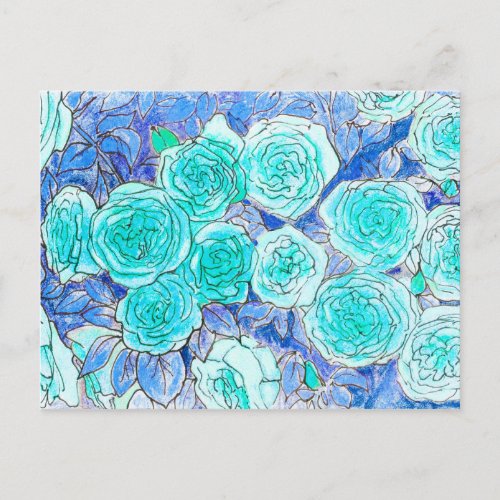 Blue Roses, Green Leaves Rose Garden Summer Flower Postcard