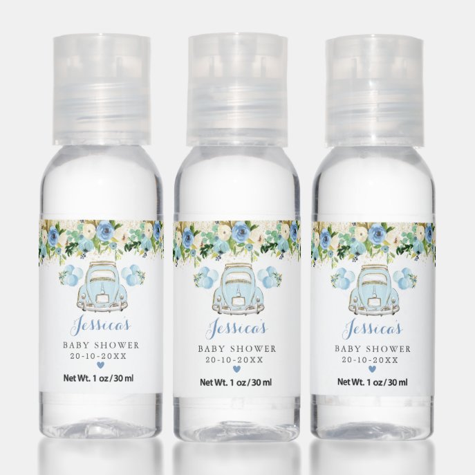 Blue Roses Greenery Car Drive By Baby Shower Hand Sanitizer