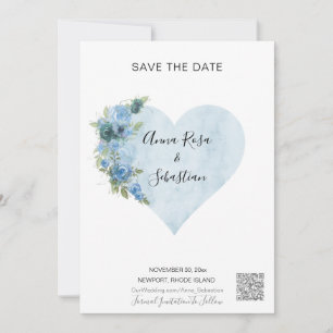 *~* Blue Roses Heart AR6 QR WEDDING SAVE the DATE Invitation