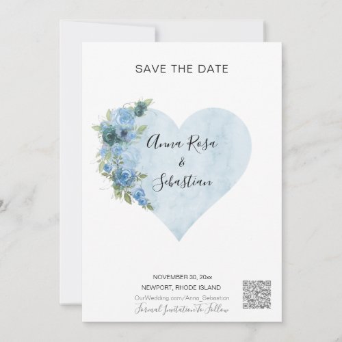  Blue Roses Heart AR6 QR WEDDING SAVE the DATE Invitation