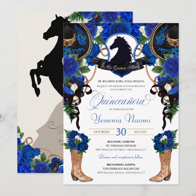 Blue Roses Horse Crest Elegant Charro Quinceanera Invitation (Front/Back)