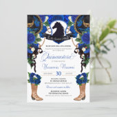 Blue Roses Horse Crest Elegant Charro Quinceanera Invitation (Standing Front)