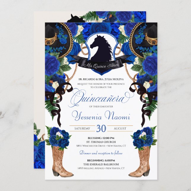Blue Roses Horse Crest Elegant Charro Quinceanera Invitation (Front/Back)