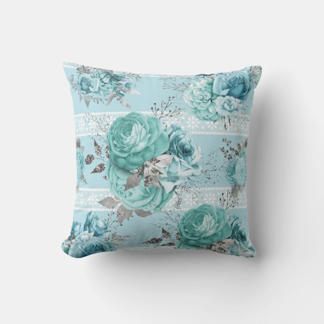 Blue Roses Lace Throw Pillow (Front)