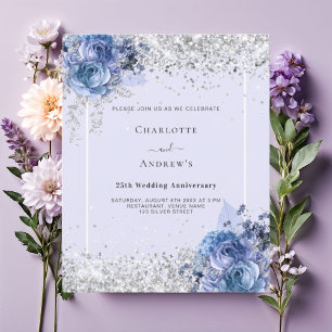 Blue roses lavender silver 25th wedding invitation