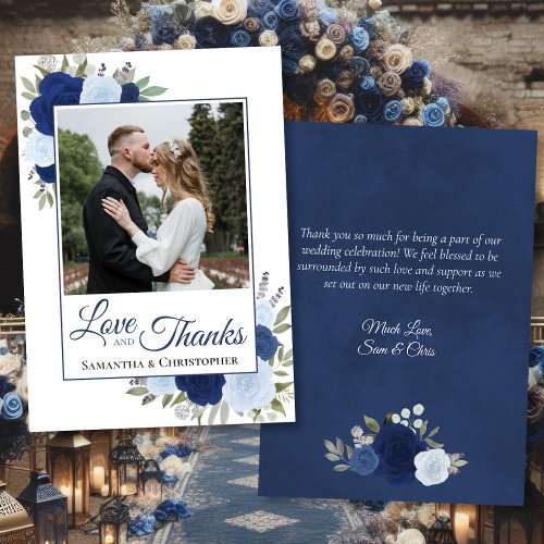 Blue Roses Love  Thanks with Note Wedding Photo Thank You Card