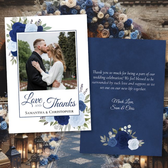 Blue Roses Love & Thanks with Note Wedding Photo Thank You Card (Front/Back)